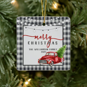 Vintage Red Lastbil och Träd Merry Family Namn Julgransprydnad Keramik