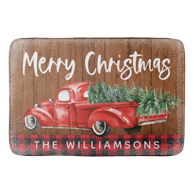 Vintage Red Lastbil Play God jul Namn Badrumsmatta (Framsidan)