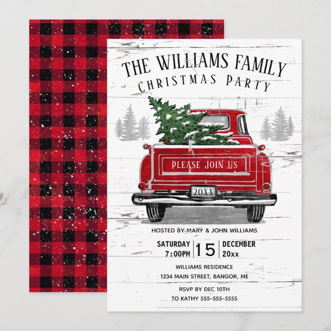 Vintage Red Lastbil Rustic-familjen, Party Inbjudningar (Fram/baksida)