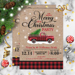Vintage Red Lastbil Rustic Land jul Party Inbjudningar<br><div class="desc">Anpassa alla detaljer om den här roligten,  julfesten i land till er kommande firande. Den här konstruktionen har en klassisk röd och svart buffelbakgrund med en papper faux kraft lagrar,  en vintage vattenfärgad plocka upp lastbil med Julgran,  och snöflingor.</div>