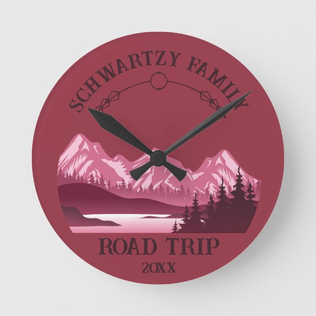 Vintage Red Mountain Sjö Sunset Rund Klocka (Framsida)