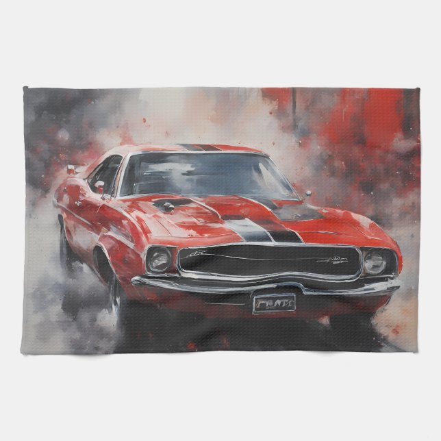 Vintage Red Muscle Car med silver rand Kökshandduk (Horisontell)