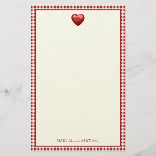 Vintage Red och Cream Gingham with Heart Brevpapper (Framsida)