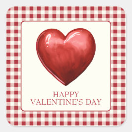 Vintage Red och Cream Gingham with Heart Fyrkantigt Klistermärke