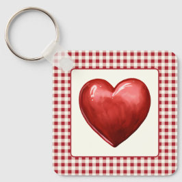 Vintage Red och Cream Gingham with Heart Nyckelring