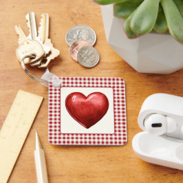 Vintage Red och Cream Gingham with Heart Nyckelring