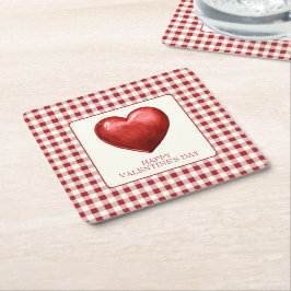 Vintage Red och Cream Gingham with Heart Underlägg Papper Kvadrat