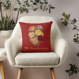 Vintage Red och Guld Ruffled Carnations med Namn Kudde