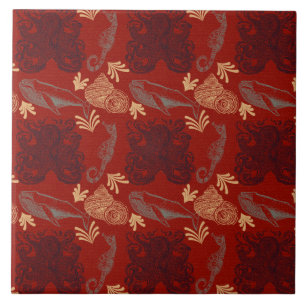 Vintage Red Octopus Nautical Illustration Kakelplatta
