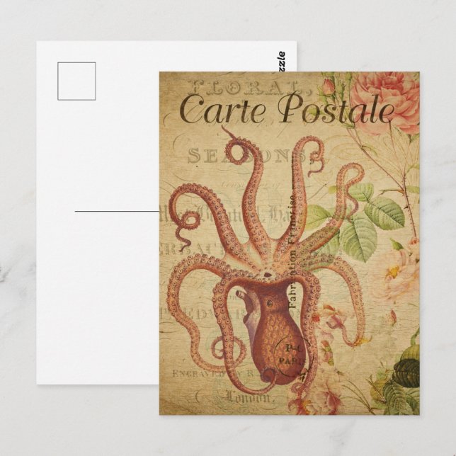 Vintage Red Octopus Vykort (Fram/baksida)