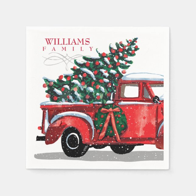 Vintage Red Pickup Lastbil Family Namn Monogram Pappersservett (Framsidan)