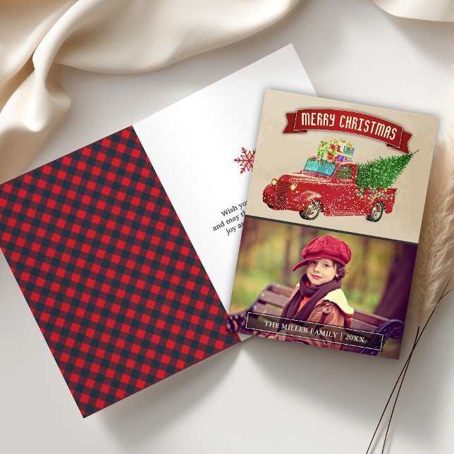 Vintage Red Pickup Lastbil Julfoto Helgkort (Skapare uppladdad)