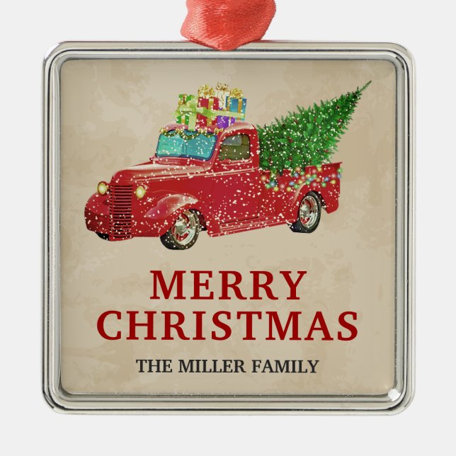 Vintage Red Pickupa Lastbil jul Julgransprydnad Metall (Framsidan)