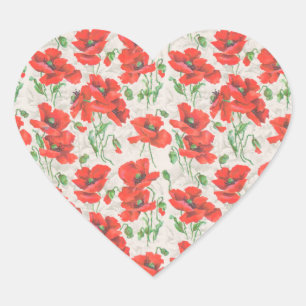 Vintage Red Poppy-Blommönstret Hjärtformat Klistermärke