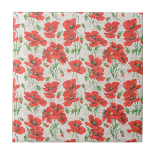 Vintage Red Poppy-Blommönstret Kakelplatta