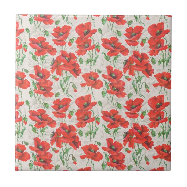 Vintage Red Poppy-Blommönstret Kakelplatta (Framsidan)