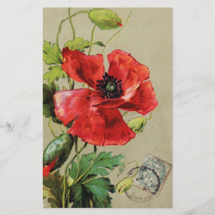 VINTAGE RED POPPY FLOWER BREVPAPPER