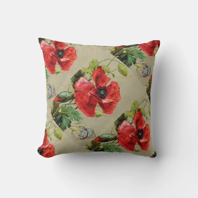 VINTAGE RED POPPY FLOWERS KUDDE (Framsida)