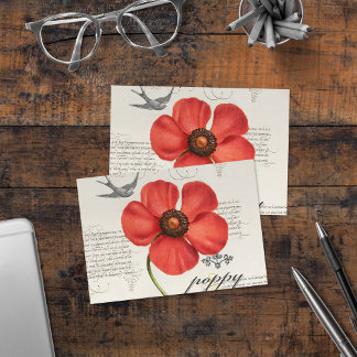 Vintage Red Poppy Teckning + Victorian Typography Tack Kort