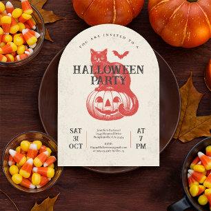 Vintage Red Pumpkin och Cat Halloween fest Inbjudningar