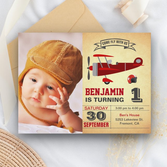 Vintage Red Retro-flygplanet födelsedag Inbjudan Vykort (Skapare uppladdad)