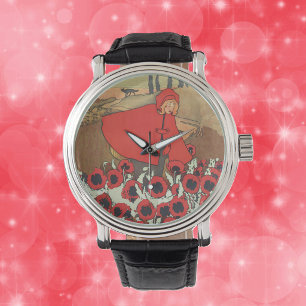 Vintage Red Riding Huva Varg Poppy Flowers Armbandsur
