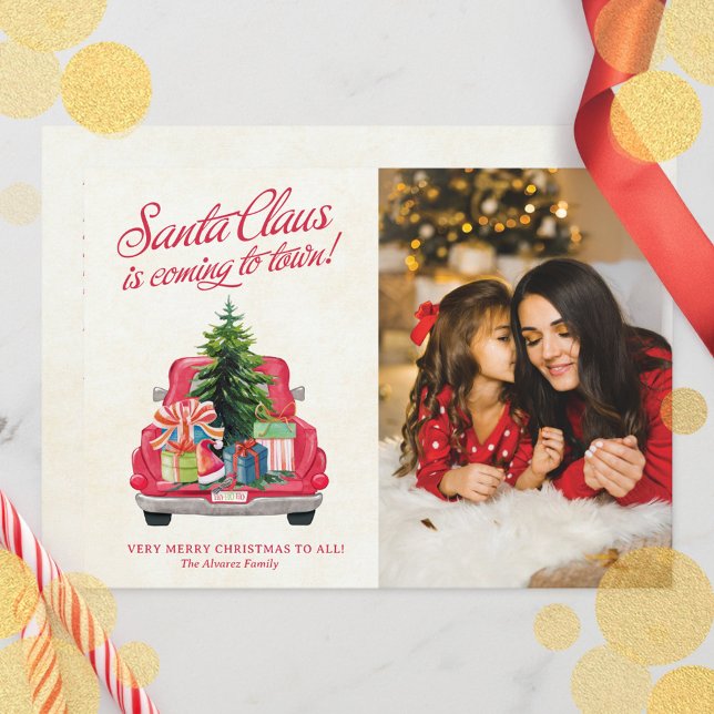 Vintage Red Santa Lastbil Photo (Vintage Red Santa Truck Photo Holiday Card)