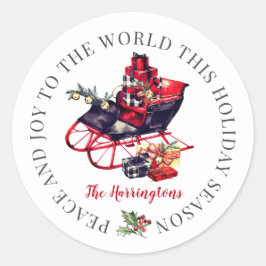 Vintage Red Sleigh Snö Sticker Runt Klistermärke