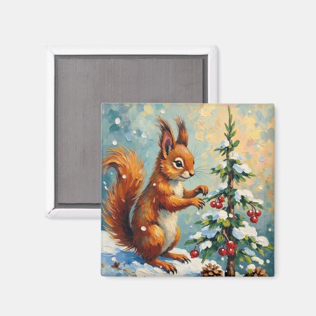Vintage Red Squirrel Pine Tree Christmas Magnet (Front/Back)