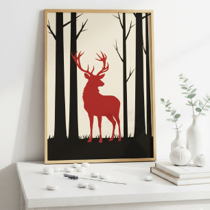 Vintage Red Stag Silhouette i Forest Nature Poster