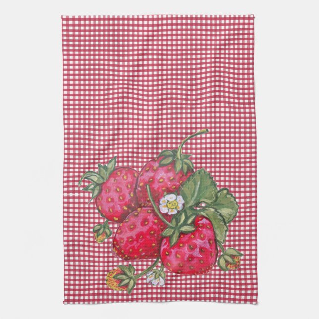 Vintage Red Strawberry Gingham Land Rustic Kökshandduk (Vertikal)