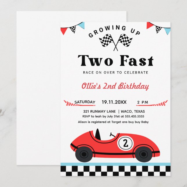 Vintage Red Tävling Car TWO snabbfödelsedag Inbjudningar (Fram/baksida)