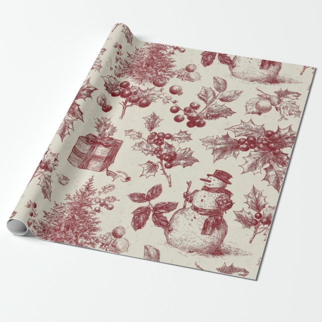Vintage Red Toile Christmas Botanical - Holly Presentpapper (Utrullad)