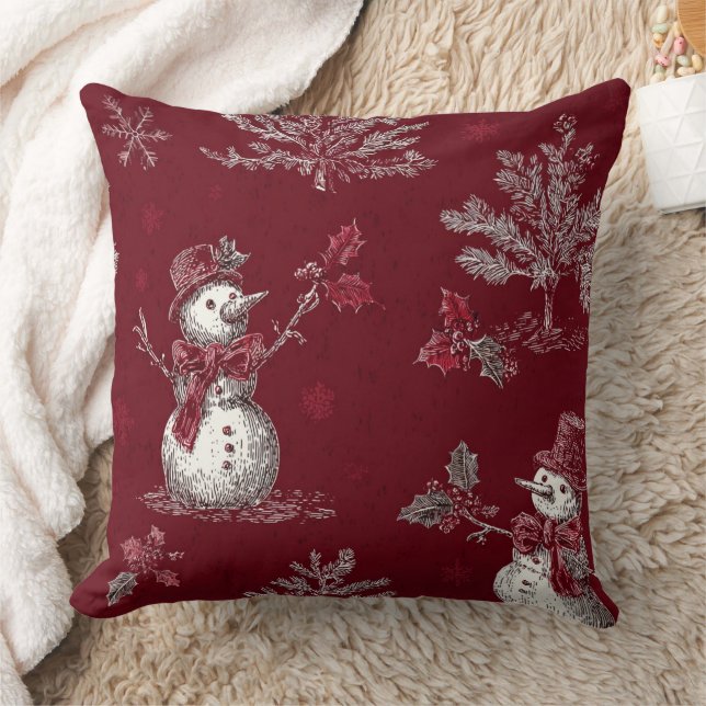 Vintage Red Toile Christmas Botanical - Snowman Kudde (Filt)