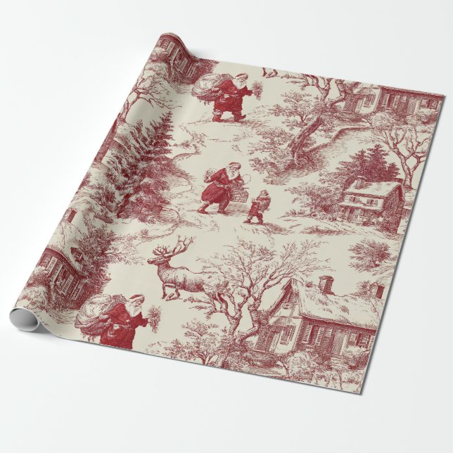 Vintage Red Toile Christmas Village - Santa Presentpapper (Utrullad)