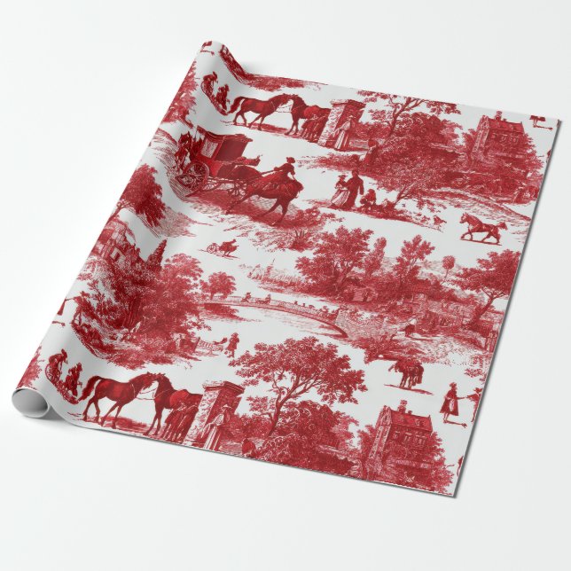 Vintage Red Toile Landscape (3) Presentpapper (Utrullad)