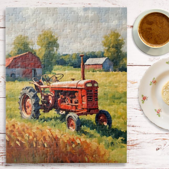 Vintage Red Tractor Farm Retro Countryside Rustic Pussel (A jigsaw puzzle with picture of a traditional red tractor in a field, with farm buildings)