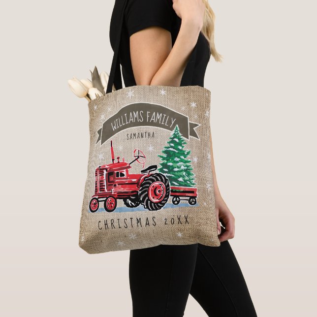 Vintage Red Tractor Julgran Burlap Namn Tygkasse (Närbild)