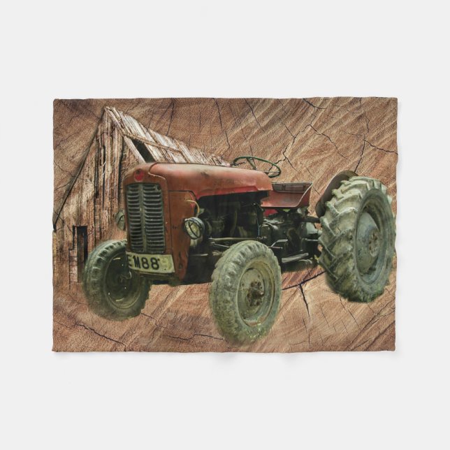 Vintage Red Tractor Rustic Barn Shed Fleecefilt (Framsidan (Horisontell))
