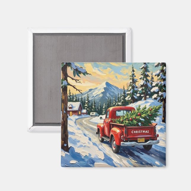 Vintage Red Truck Carrying Christmas Tree Magnet (Front/Back)