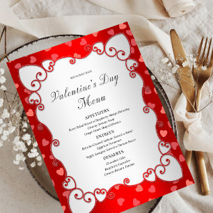 Vintage Red Valentines Day Rosa Hearts Gräns Meny