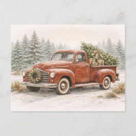 Vintage Red Watercolor Christmas Truck with Tree Helg Vykort
