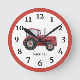 Vintage Red Watercolor Farm Tractor Round Clock Rund Klocka