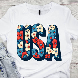 Vintage Red, White och Blue Blommigt USA T Shirt