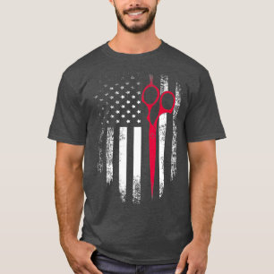 Vintage Red White Scissor American Flagga Barber T Shirt