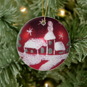 Vintage Red White Snowy-julhuset Julgransprydnad Keramik