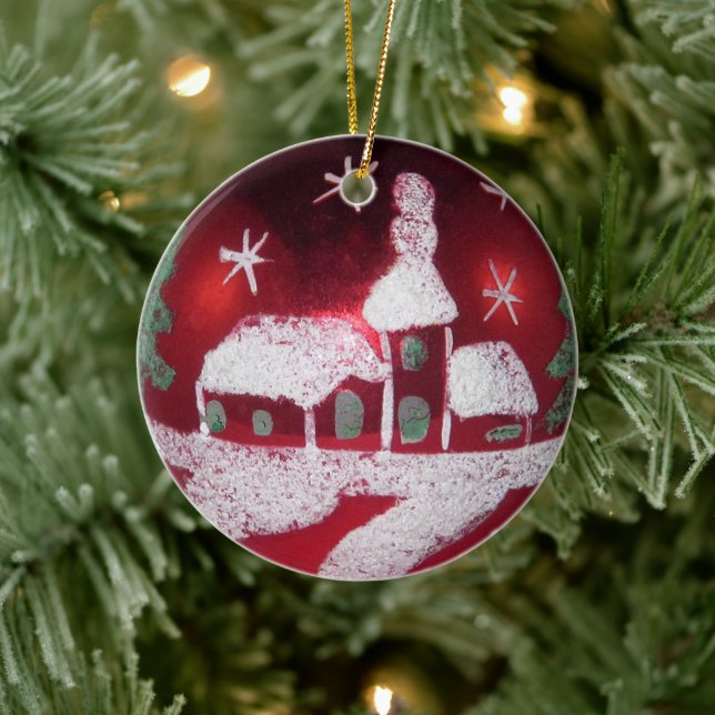 Vintage Red White Snowy-julhuset Julgransprydnad Keramik (Träd)
