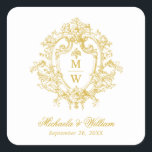Vintage ReEmergency Monogram Vapensköld Bröllop Fyrkantigt Klistermärke<br><div class="desc">Med de här elegant ReEmergency-inspirated-klistermärkena kan du lägga till ett regencycore-sofistikeringsprogram till dina bröllop-detaljer. De här klistermärkena har en vapensköld för ornerad blommigt i guld, och är inte avsedda för tidsförfining och charm. Personlig med parets monogram och bröllop-datum i klassiskt skript och serif-typografi, är perfekt för försegling av höljen, dekorationsfördelar...</div>