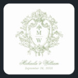 Vintage Regency Monogram Crest Wedding Fyrkantigt Klistermärke<br><div class="desc">Add a touch of regencycore sophistication to your wedding details with these elegant Regency-inspired stickers. Featuring an ornate floral crest design in sage green, these stickers exude timeless refinement and charm. Personalized with the couple's monograms and wedding date in classic script and serif typography, they are perfect for sealing envelopes,...</div>