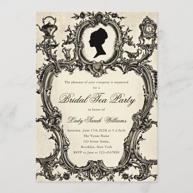Vintage Regency Rococo Bröllopsdusch Te-partaj Inbjudningar (Framsida)